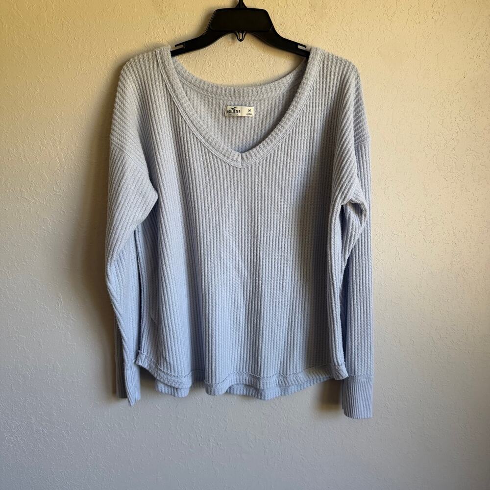 Hollister Light Blue Waffle Knit Thermal Pull Over V-Neck Sweater Womens M